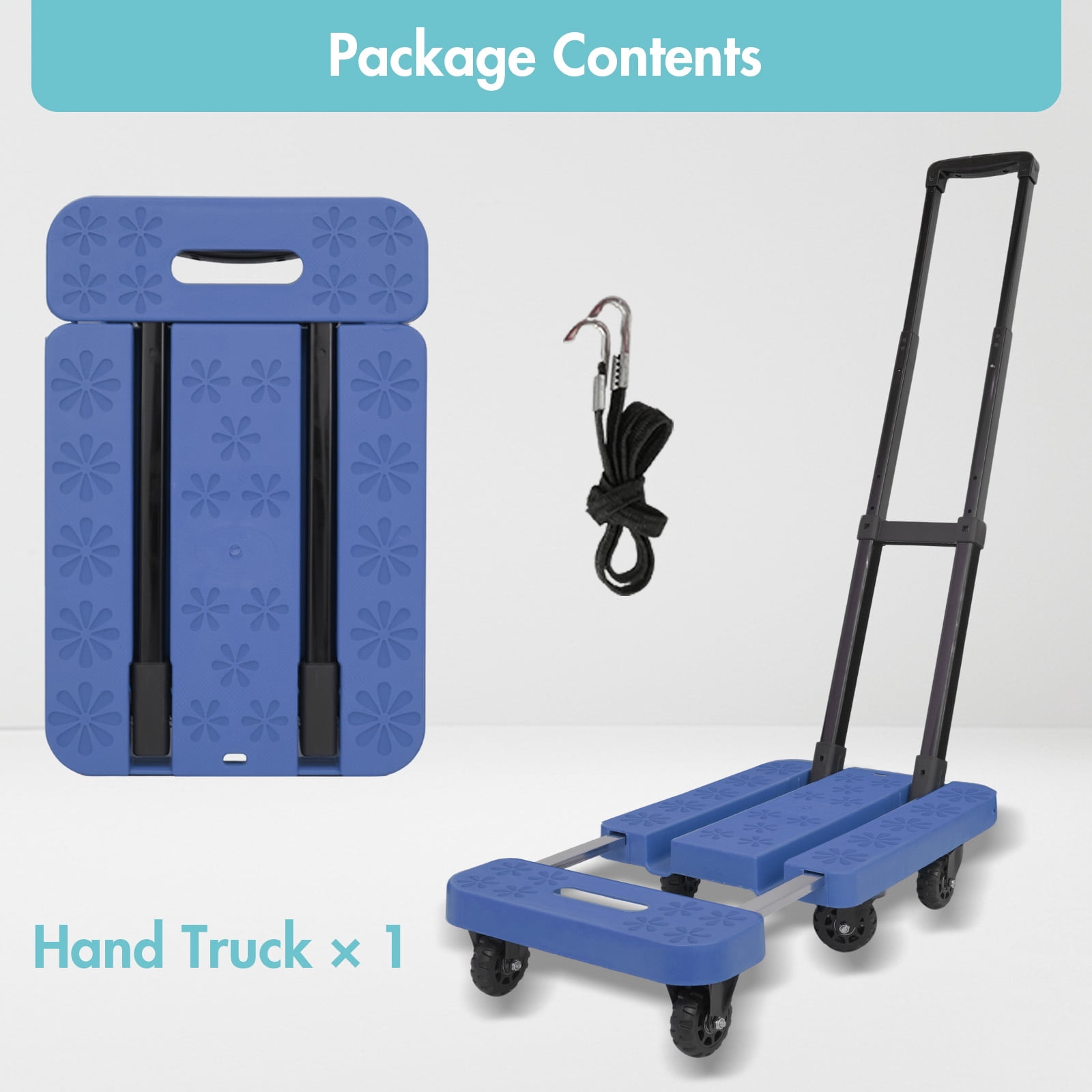 BAOKALER Folding Hand Truck, Heavy Duty Dolly Cart, Push Dolly Cart Foldable Platform with 6 Wheels, Blue