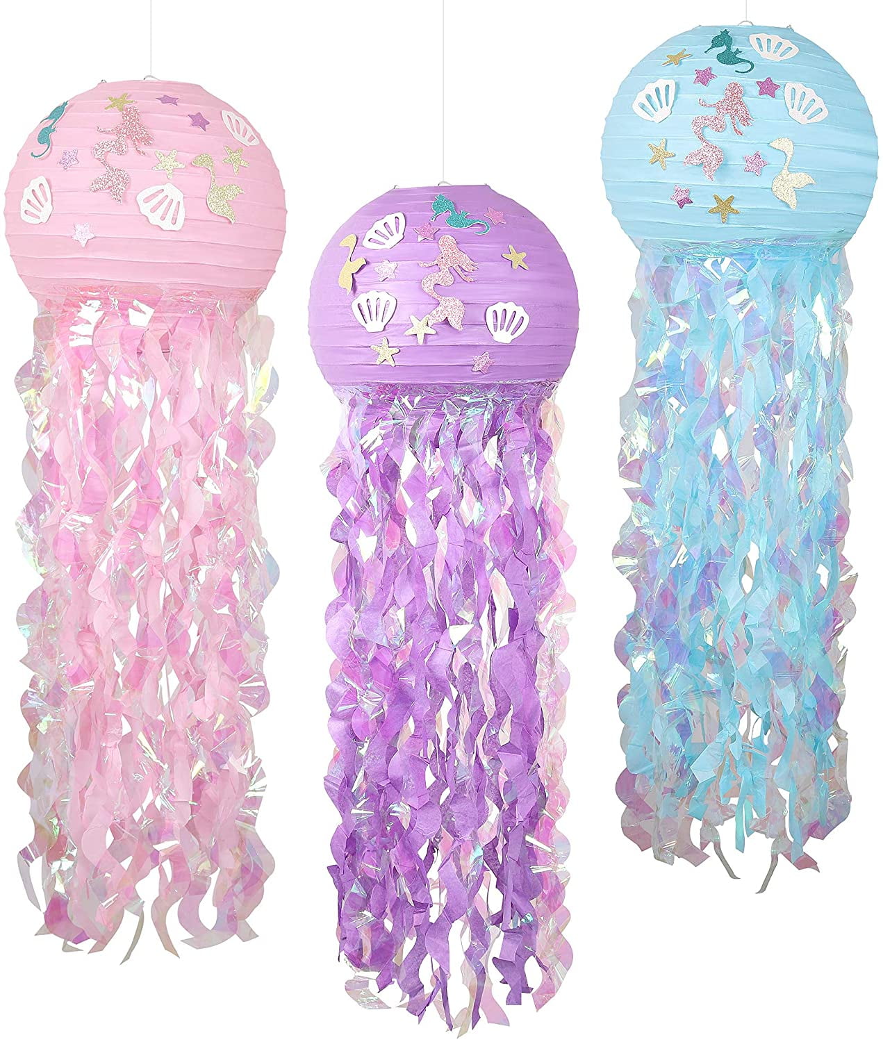 Purple & Green Hanging Lanterns 3pk Mermaid Party Themed Jellyfish Turquoise 