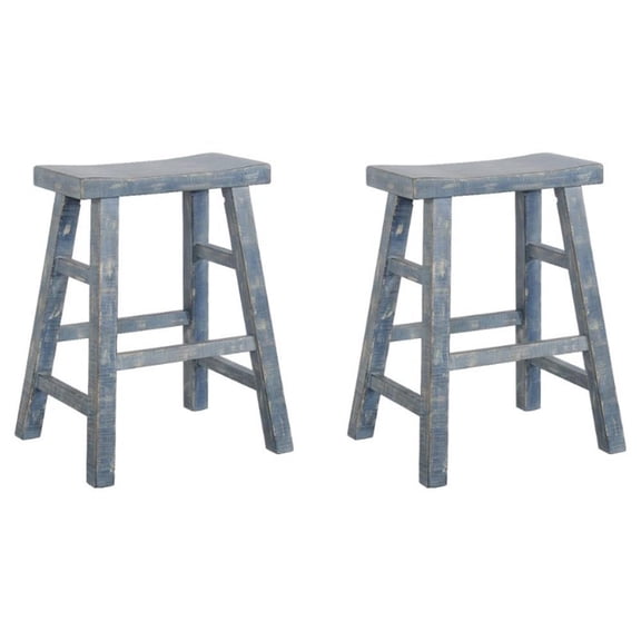 Pemberly Row 24" Mahogany Wood Saddle Seat Stool in Ocean Blue (Set of 2)