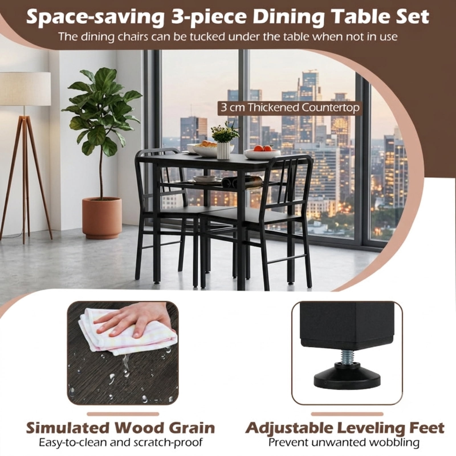 Furnibear 3-Piece Dining Table Set with Rectangular Kitchen Table and 2 Chairs for Kitchen Dining Room Breakfast Nook Home, Gray