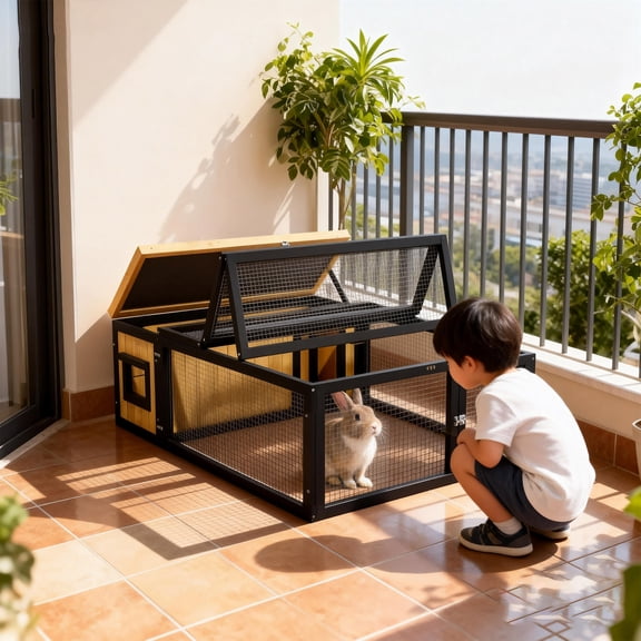 Weatherproof Wooden Rabbit Cage with Large Wire Mesh Activity Area,Yellow with Black