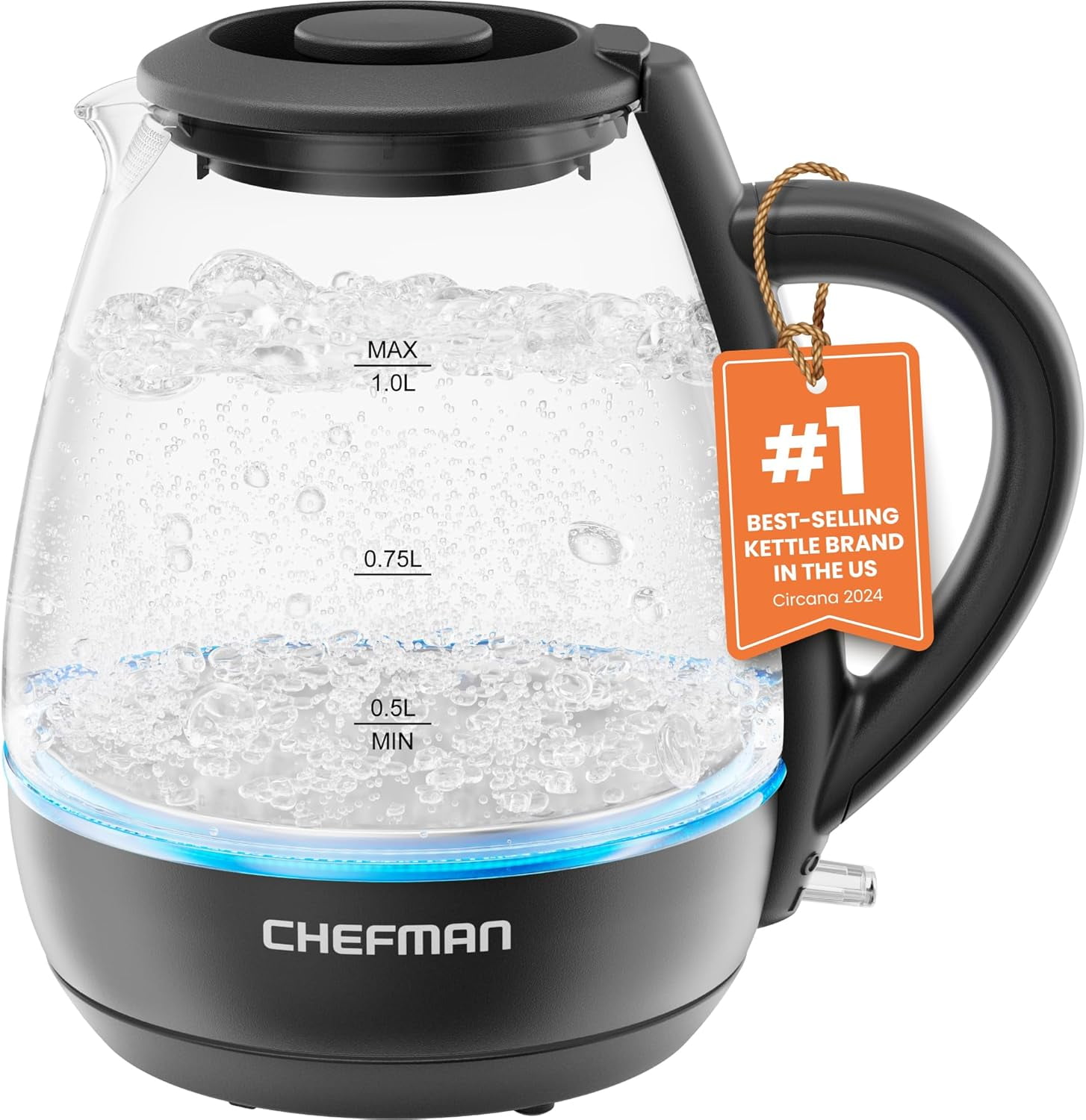 Chefman 1-Liter Electric Glass Kettle with LED Indicator, Black photo 1