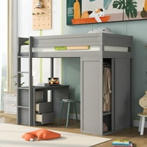 Twin Wood Loft Bed with Wardrobes and 2-Drawer Desk with Cabinet, Loft Twin Bed with Desk for Teenagers, Multiple Functions Bed, Easy to Assemble (Gray)