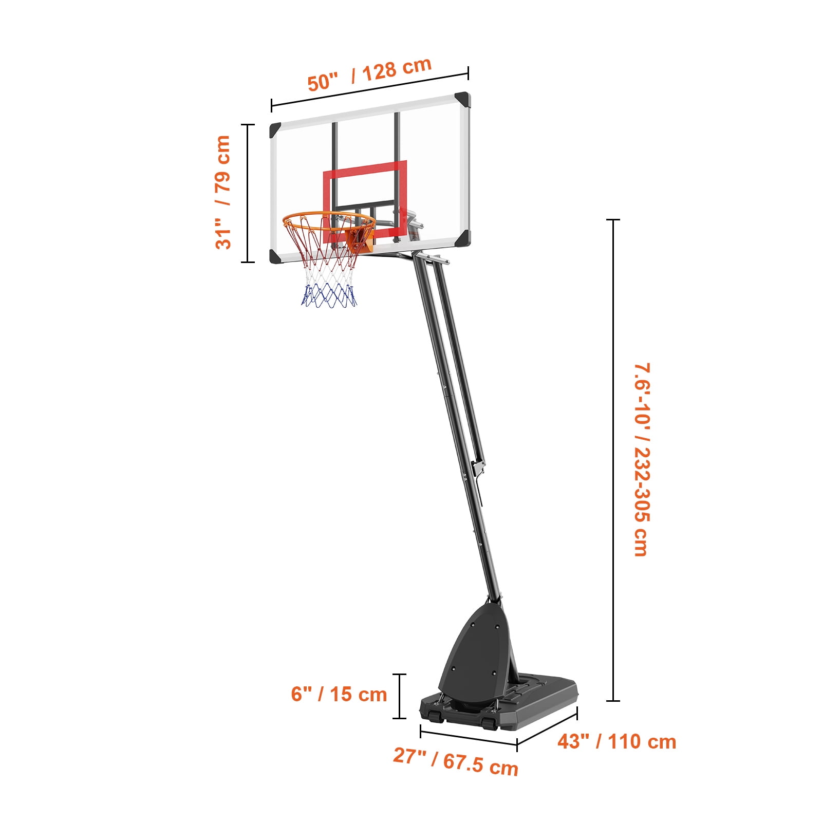 KFFKFF 50" Portable Basketball System, 7.6 to 10 ft Height Basketball Hoop & Goal for Children & Adults, Comes with PC Backboard, Wheels, Stand, and Loadable Base