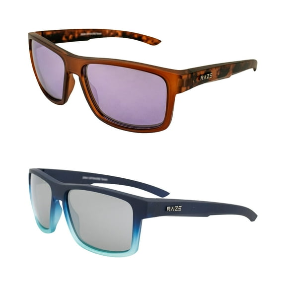 Raze Eyewear Offshore Sports & Boating Polarized Sunglasses for Women or Men Rootbeer Frame w/ Smoke Lenses and Navy to Light Blue Frame w/ Smoke Mirrored Lenses 2 Pack