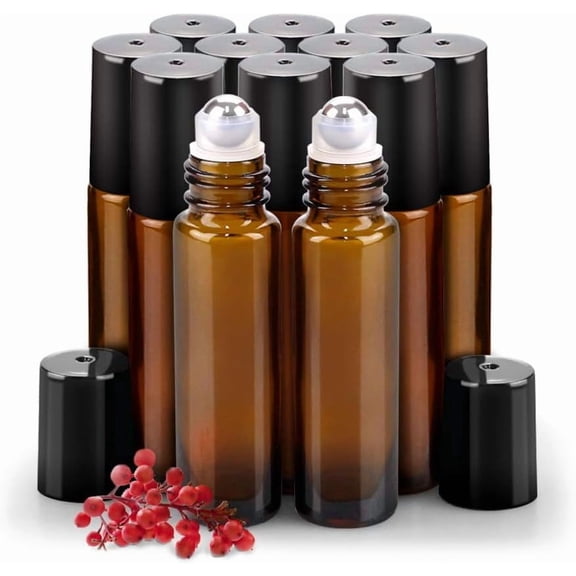10‑Pack 10ml Amber Glass Roller Bottles with Steel Roller Balls, Refillable Empty Vials for Travel, Perfume and DIY Blending