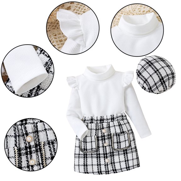 Esaierr 3PCS Kids Toddler Girls Pullover Top Skirt with Hat Outfit Set Cotton Fall Winter Outfit Long Sleeve Shirt Clothes Outfit for 4-7Y