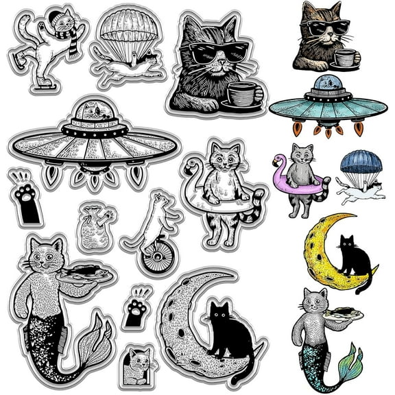 Cat Clear Rubber Stamps Cats Parachute Cats Skating Cats Cats On The Moon Vintage Transparent Silicone Stamp Seals for Card Making Decoration Handmade Photo Album DIY Scrapbooking for DIY