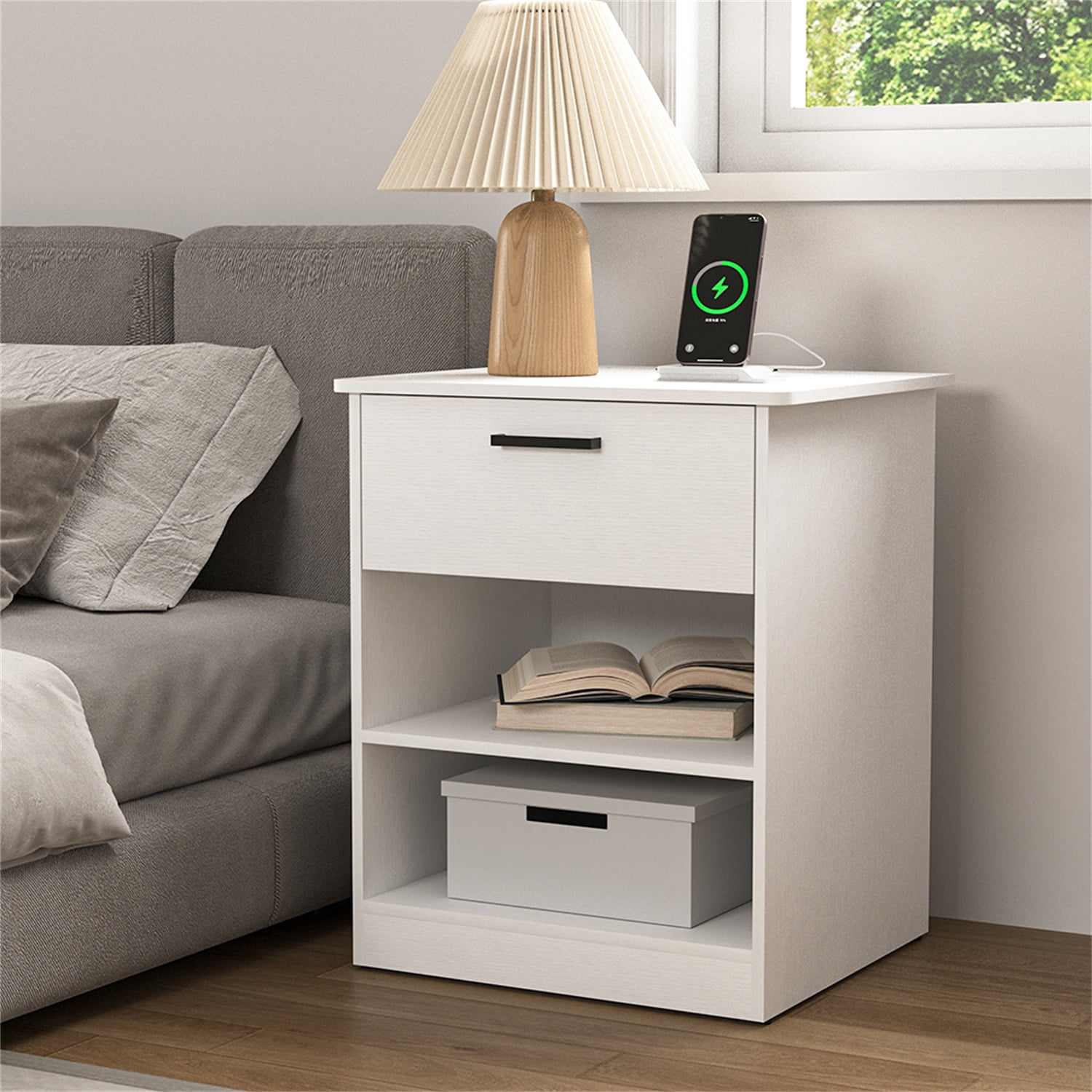 Hommoo Modern Nightstand with Charging Station, End Side Table Bedside Table with Drawer and Open Storage, White