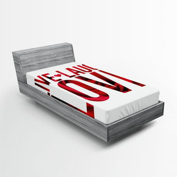 Ambesonne Live Laugh Love Fitted Sheet, Rose Petals, Twin XL Size, Red White and Black