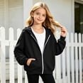 thumbnail image 2 of Girls Solid Color Ruched Sleeve Zip Up Hoodie Jacket, Casual Fleece Lined Pocket Hooded Sweatshirt for Kids Fall Winter Daily Wear(Black,8-9 Years), 2 of 5