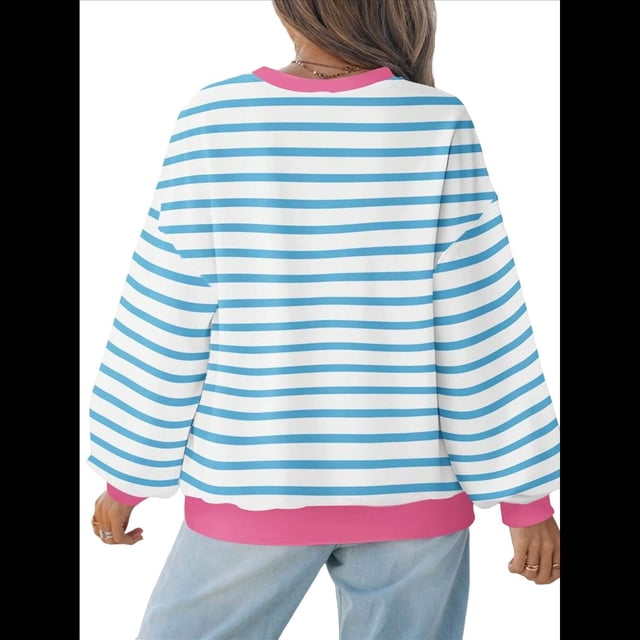Camisas de Larga para Mujer, Túnicas Holgadas con Cuello Redondo A Rayas y Bloques de Color de Otoño. Azul 5XL