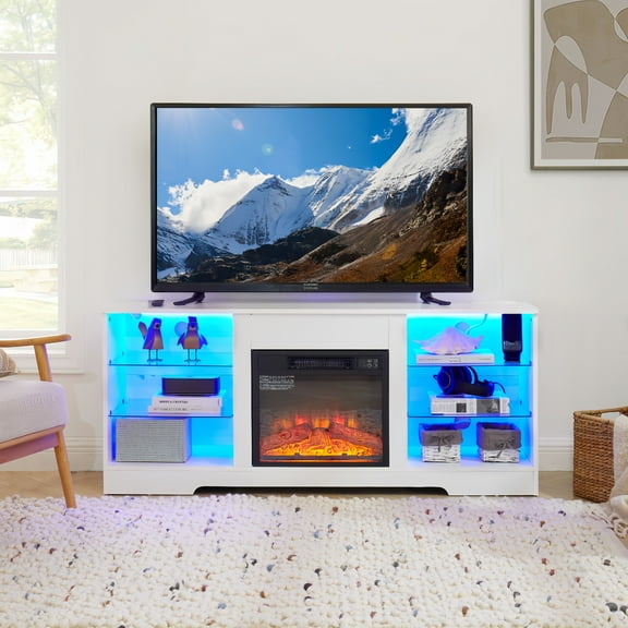 Television Stands for Living Room, White TV Cabinet with LED and 2 Storage Drawers for TVs up to 70'', Open Shelves and 2 Drawer, Console Table Entertainment Center Furniture, S9788