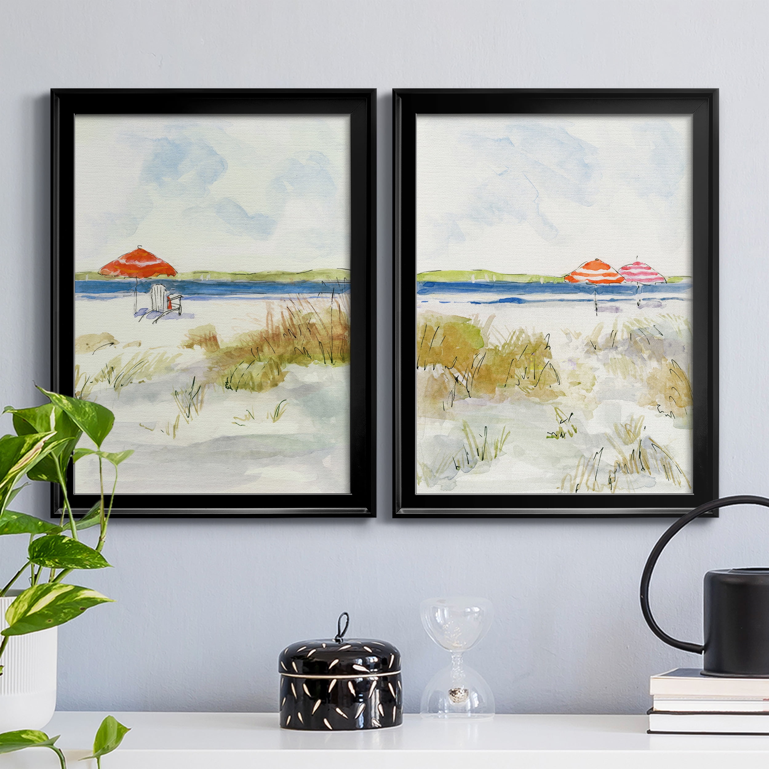 2 Piece Set Sketchy Beach I Premium Framed Canvas - Ready to Hang - 18.5 x 24.5 Each - Gold Frame
