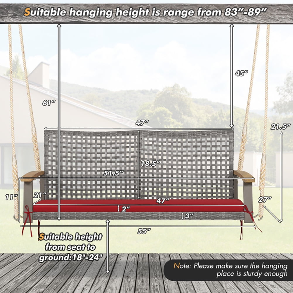 Aimee Lii 2-Person Rattan Hanging Porch Swing Chair, Swing Chair Outdoor, Red Aimee Lii 2-Person Rattan Hanging Porch Swing Chair, Swing Chair Outdoor, Red