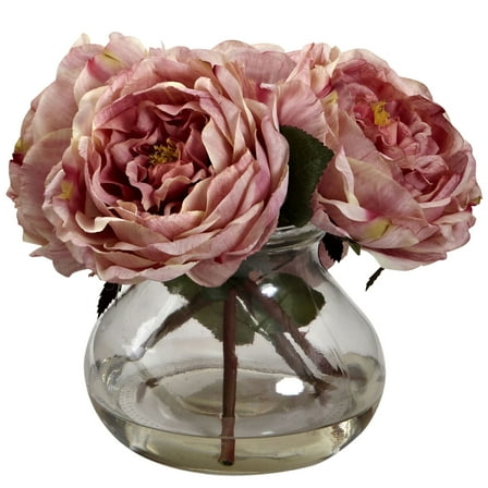 Nearly Natural Fancy Rose Artificial Flowers with Vase, Pink