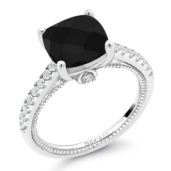 Gem Stone King 4.07 Cttw Black Onyx and White Created Sapphire Engagement Ring for Women | 925 Sterling Silver | Cushion Checkerboard Cut 10MM | Wedding Engagement Anniversary Promise Ring| Size 6
