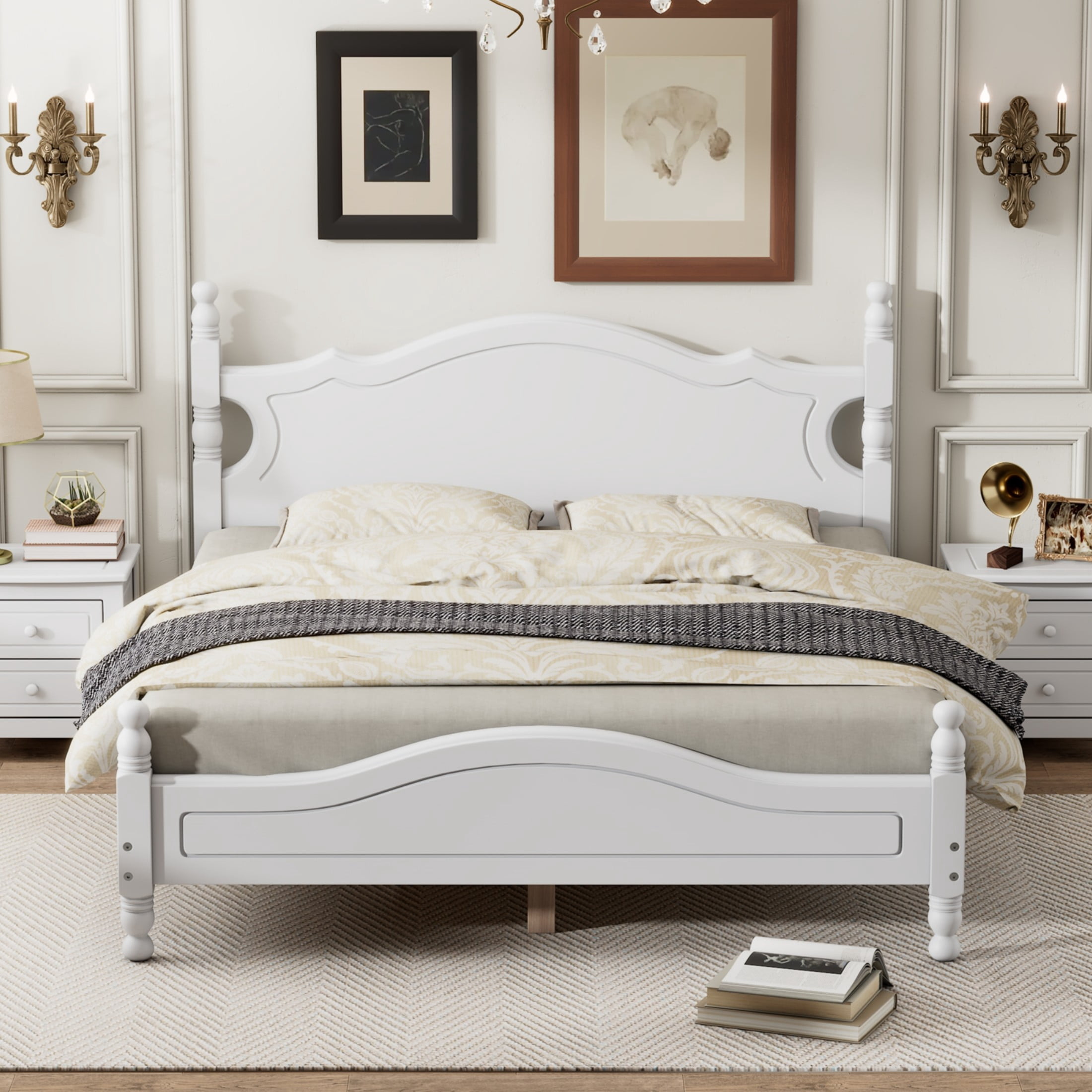 Noble House Queen Wood Platform Bed Frame with Headboard, Wooden Slat Support, White