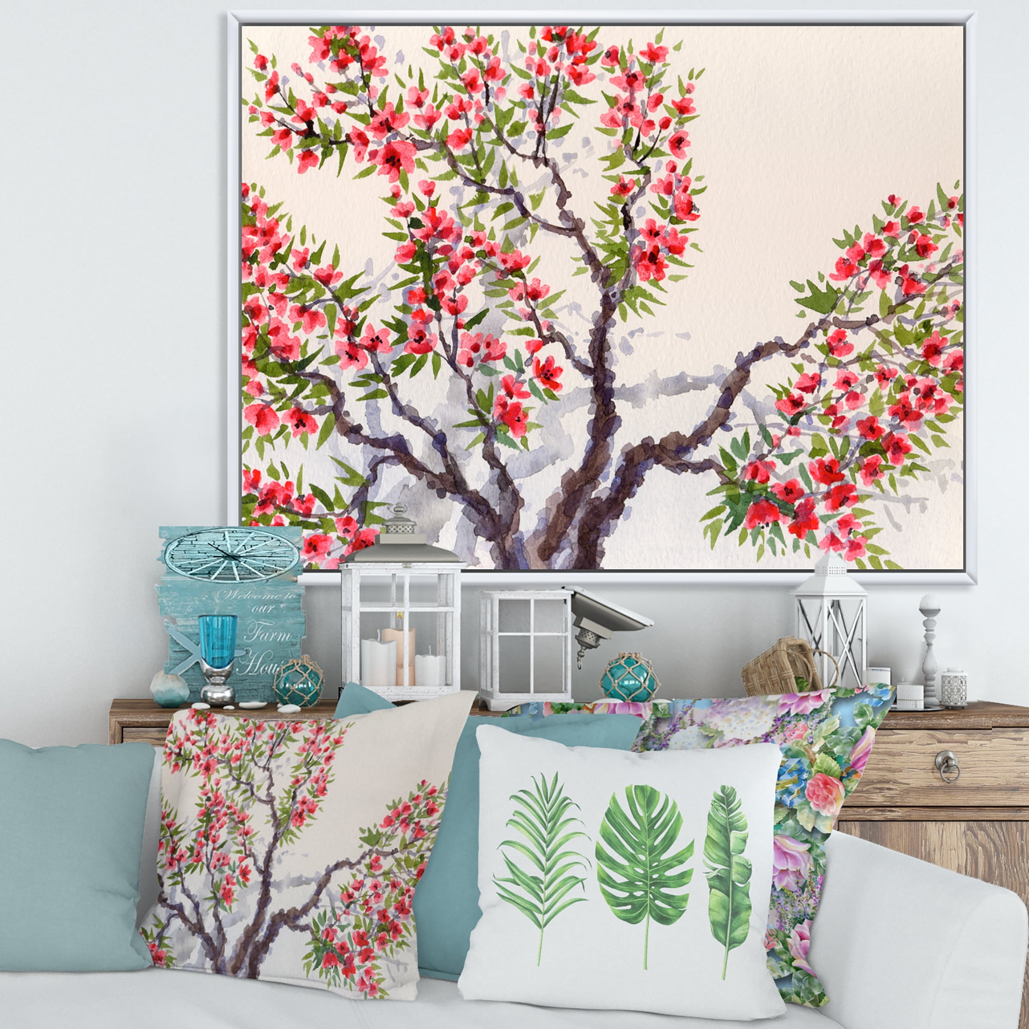 Designart 'Red Flowers On The Spring Blossoming Tree II' Traditional Framed Canvas Wall Art Print