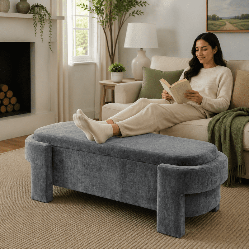 51.5" Large Storage Ottoman Bench for Bedroom, Upholstered Linen End of Bed Bench with Hidden Storage, 250 lbs Capacity, Entryway Shoe Bench Seat, No Assembly, Gray