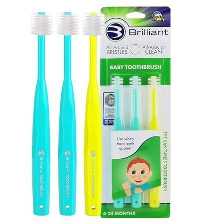 Brilliant Baby Infant Toothbrush, 4-24 Months, Round Head, Soft Bristles, Mint-Mint-Yellow, 3 Pack