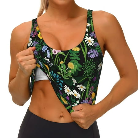 Qokaie Chamomile Pattern Womens Scoop Neck Sports Bra Breathable Workout Vest Padded U Back Medium Impact Fitness Gym Yoga Bra Workout Crop Top