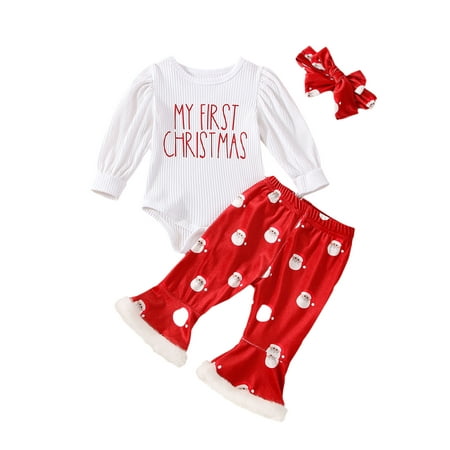 

3Pcs Newborn Baby Girls Christmas Outfits Long Sleeve Letter Romper + Santa Claus Print Flared Pants + Headband Red Letter 1 6-12 Months
