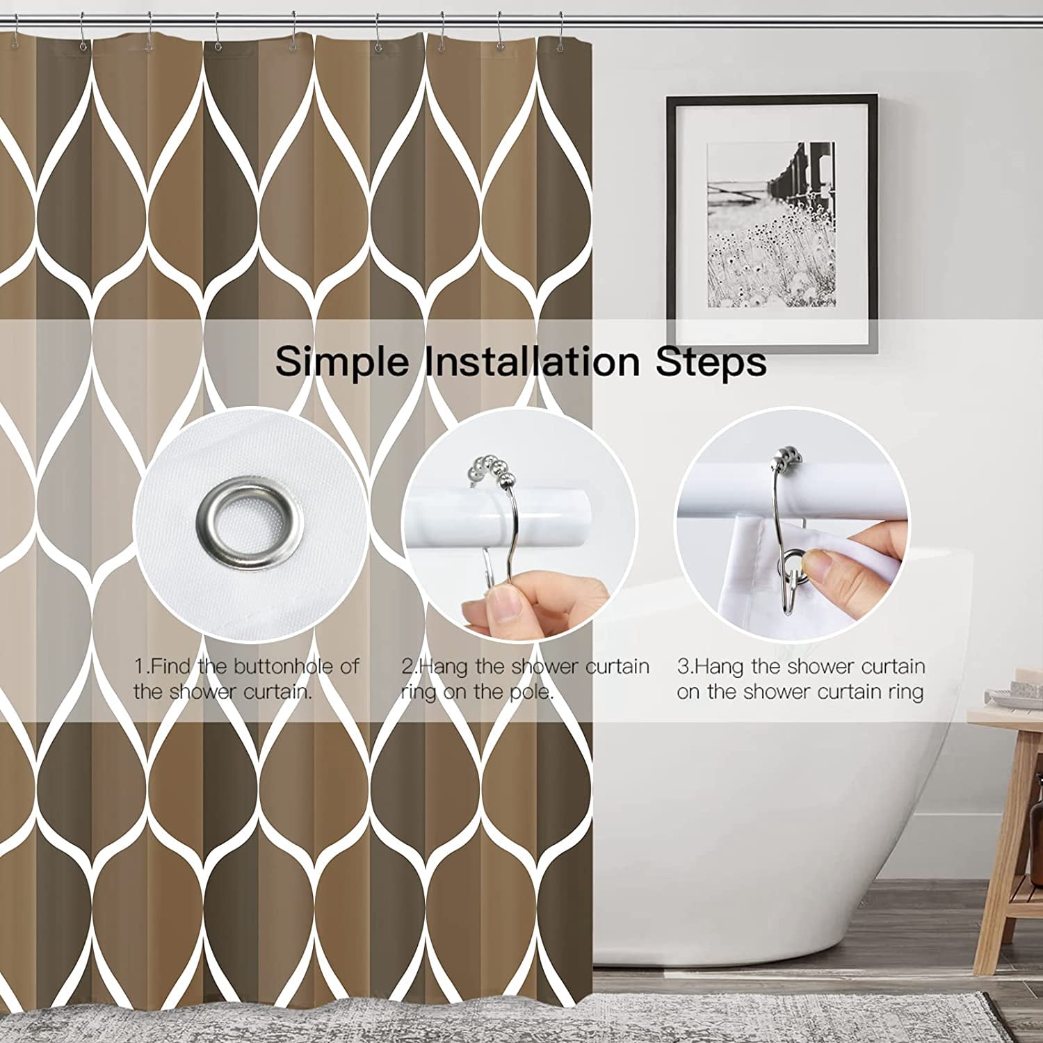 Brown Geometric Shower Curtain, Waterproof Design and Polyester, Quick-Drying, Weighted Hem, Brown Fabric Shower Curtains Set for Bathroom W 72 x H 72, Durable and Washable with 12 Hooks