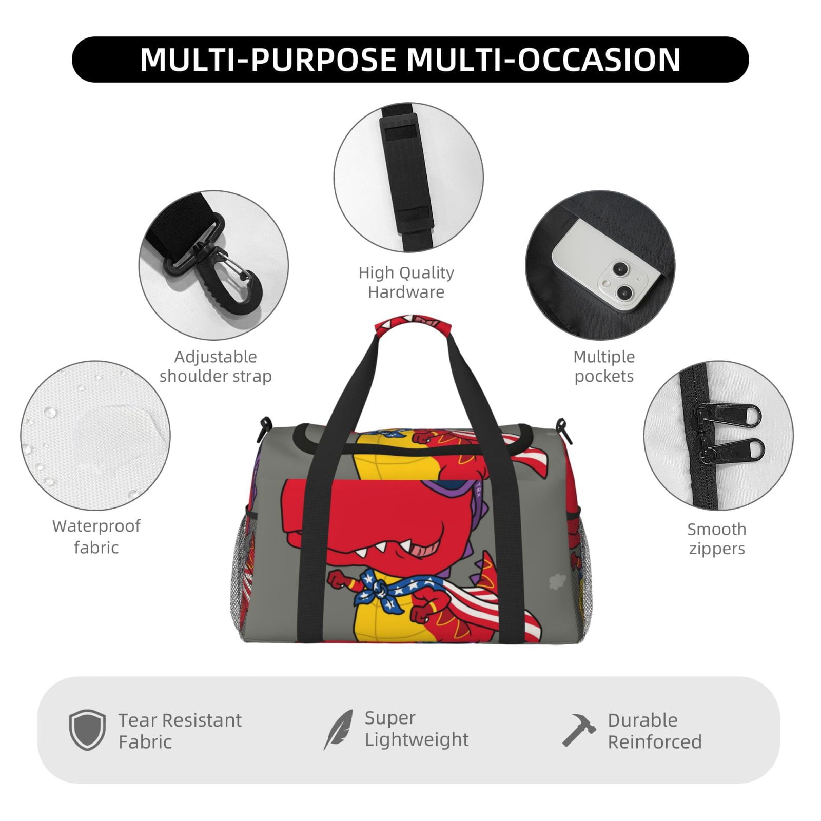 Fuzoiu Dinosaur Super Hero Cartoon Print Travel Duffle Bag,Carry On Tote Bags,Duffel Bag,Sport Gym Bag, Hospital Bag for Labor and Delivery, Overnight Bag,Luggage Bag
