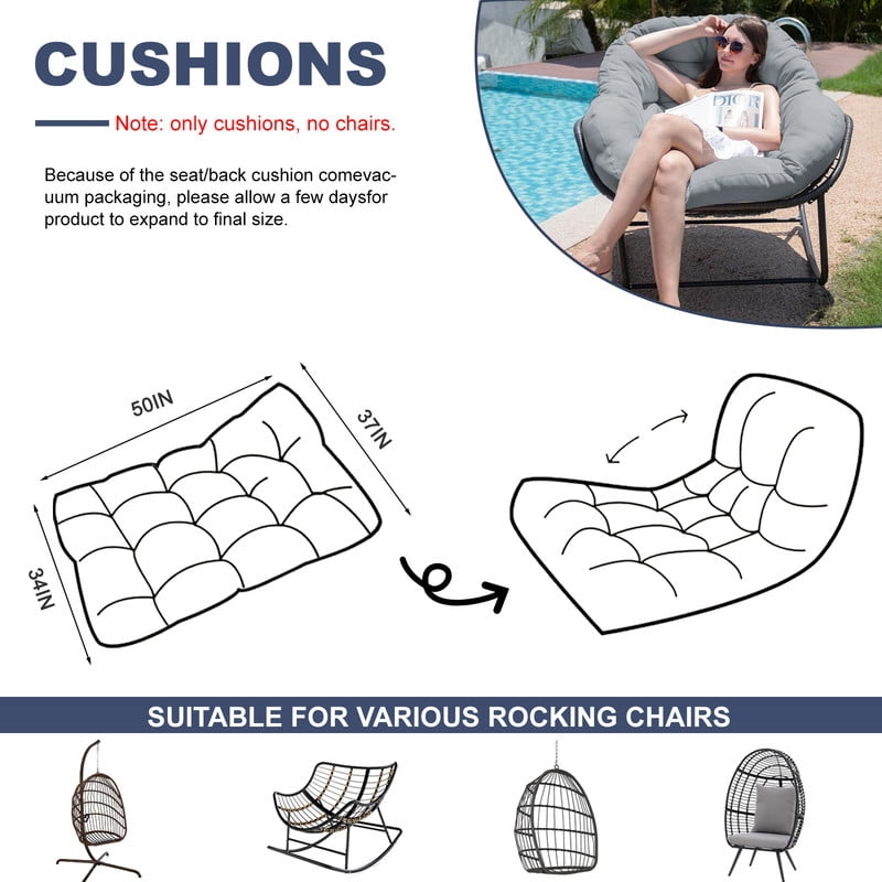 Outdoor Egg chair cushion replacement,Waterproof hanging hammock swing chair cushions,Papasan Rocking Chair pad for Patio Bedroom Porch Garden（Light gray）