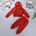 thumbnail image 3 of Eandarui Kids Boys Girls 2PCS Shiny Sequins Hip-hop Jazz Street Dance Outfit Long Sleeves Hooded Top Red 130, 3 of 7