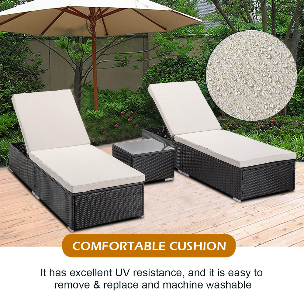 3 Pieces Chaise Lounges Chairs Sets, Rattan Wicke Outdoor Patio Furniture with Adjustable Back, Beige Cushion and Coffee Table, All-Weather Sun Chaise Lounge for Backyard, Balcony, W10870 - image 4 of 9