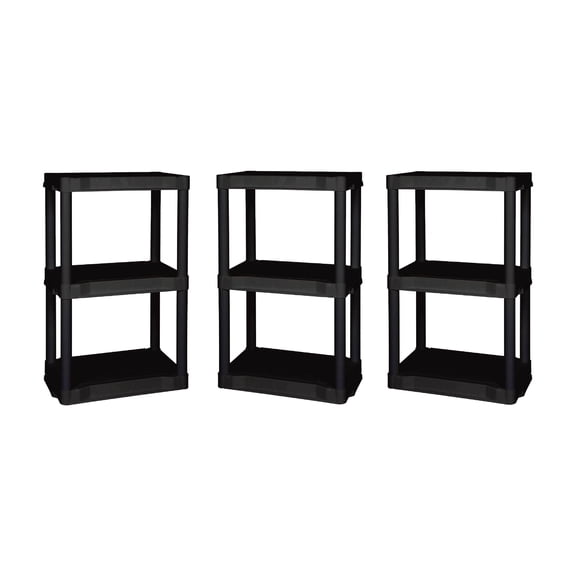 Hyper Tough 3-Shelf Plastic Garage Shelves, 20.07 in W x 12 in D x 32 in H, Black, 3 Count, 60 lb per Shelf