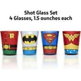 thumbnail image 2 of Silver Buffalo DC Comics Justice League Superhero Uniforms Featuring Robin, Batman, Superman, and Wonder Woman 4 Pack Mini Glasses, 1.5 Ounces, 2 of 3