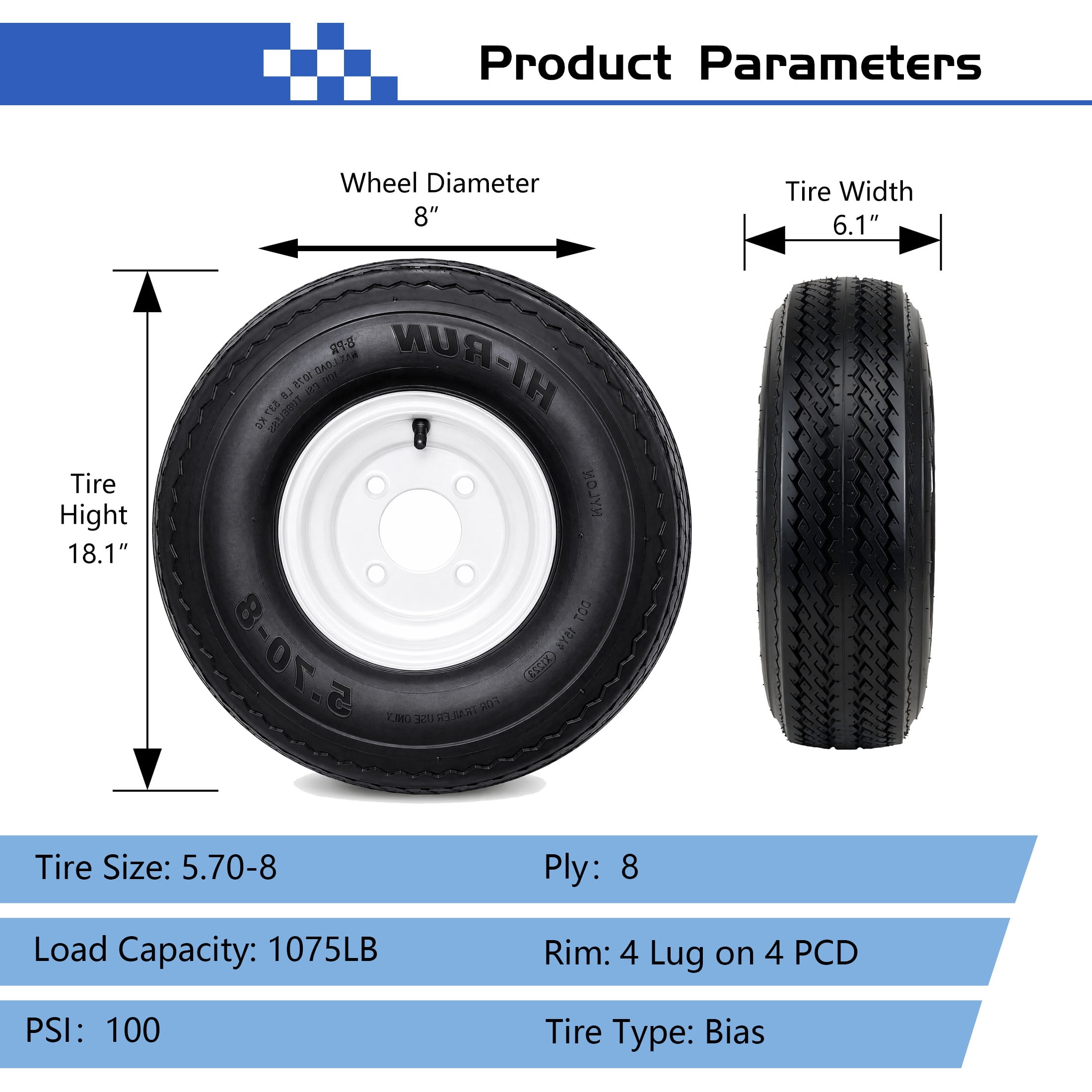 Hi-Run 2 Set SU02 5.70-8 8PR Boat Trailer Tire and 4-Lug White Wheel Assembly