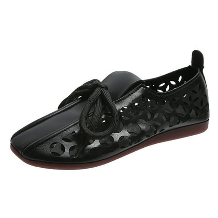 

Mortilo Ladies Fashion Solid Color Hollow Out Pumps Retro Flat Lace Up Casual Shoes Pu casual shoes for Women Black