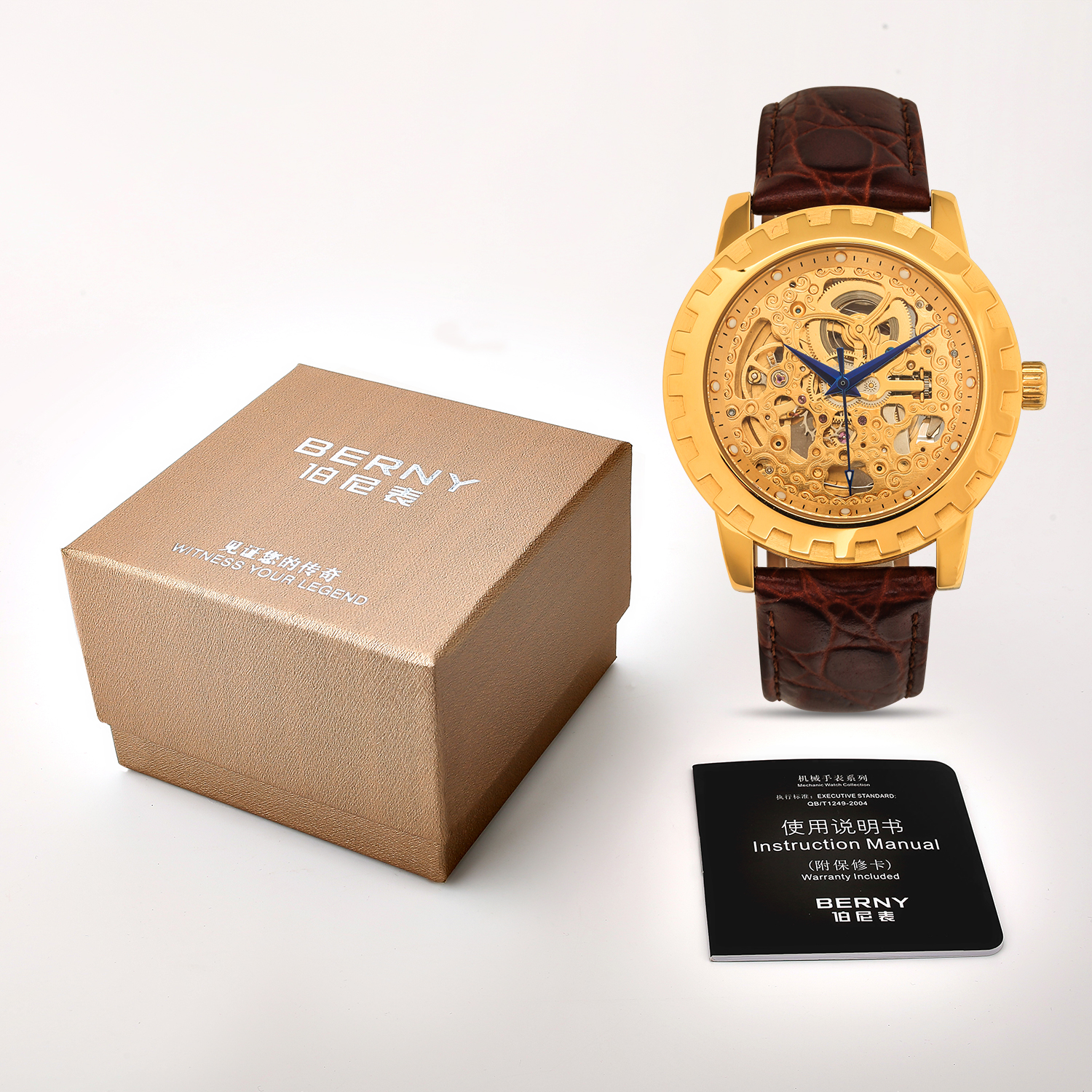 BERNY Automatic Watches for Men, Luxury Skeleton Mechanical Watch Self Winding Carved, Exhibition Caseback, Luminous, 5ATM Waterproof, Stainless Steel, Vintage Men's Leather Watch (Gold)