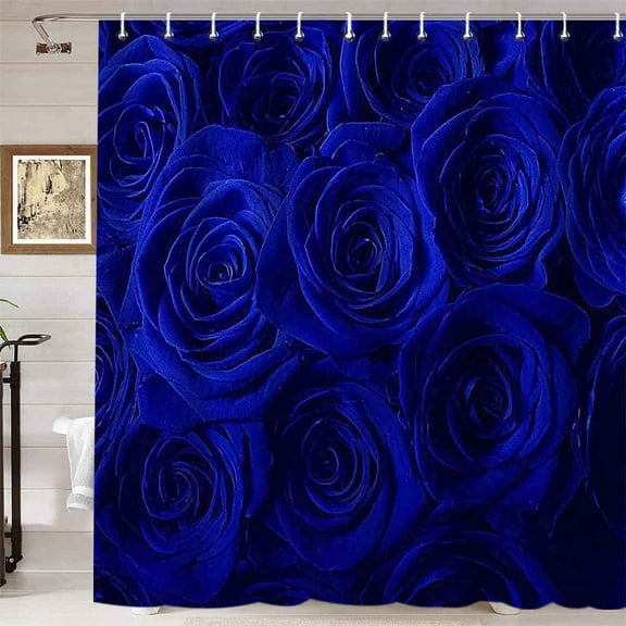 Royal Blue Rose Floral Shower Curtain, Elegant Blooming Flower Bouquet Artwork Romantic Valentine''s Day Modern Bathroom Decor for Women Waterproof Polyester Fabric Shower Curtain, 72 X 72 Inch