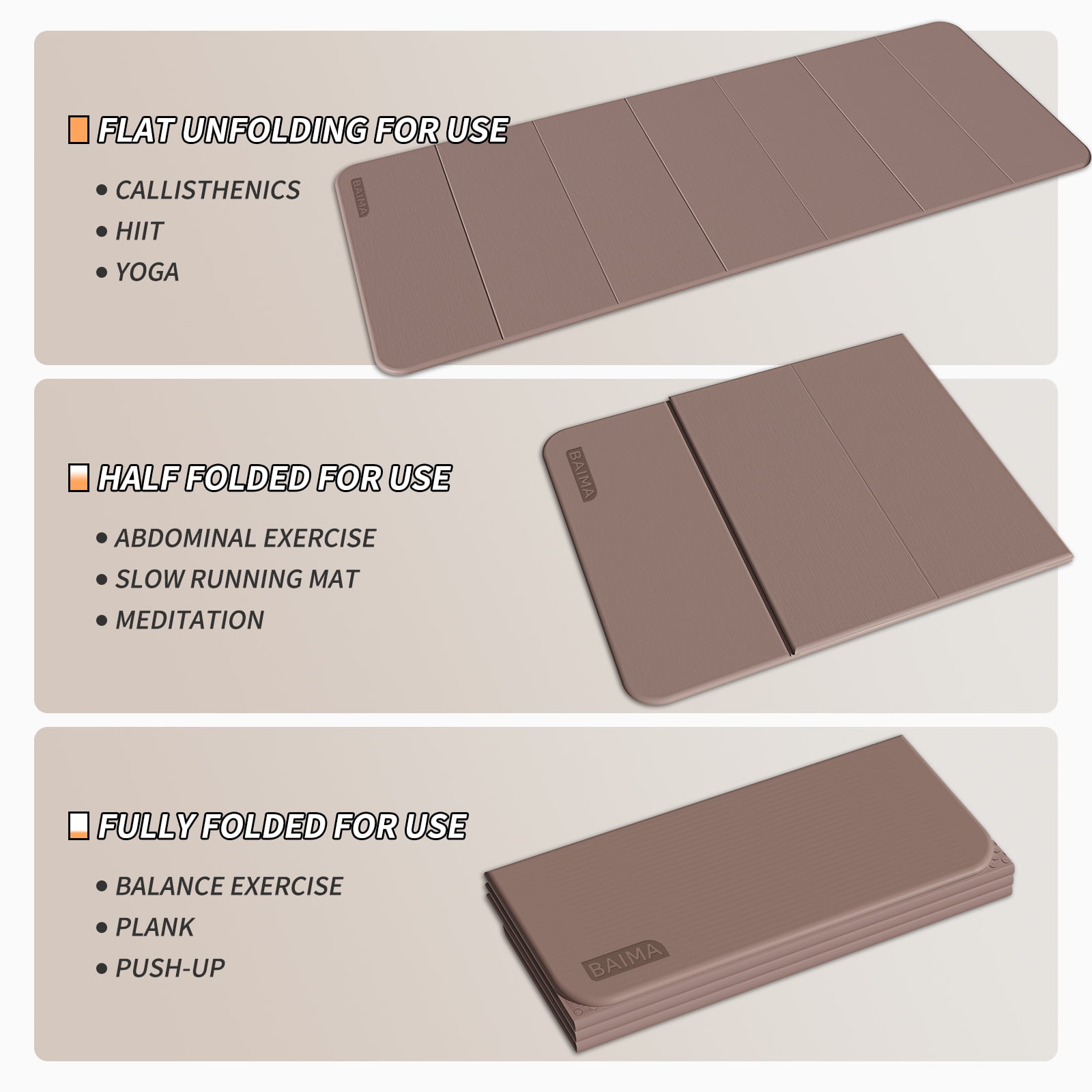 BAIMA Foldable Yoga Mat 10mm Thick , Workout Mats for Home Gym , Pilates,Quick Unfold/Stor,Non-Slip Surface,3.5lbs(Brown)