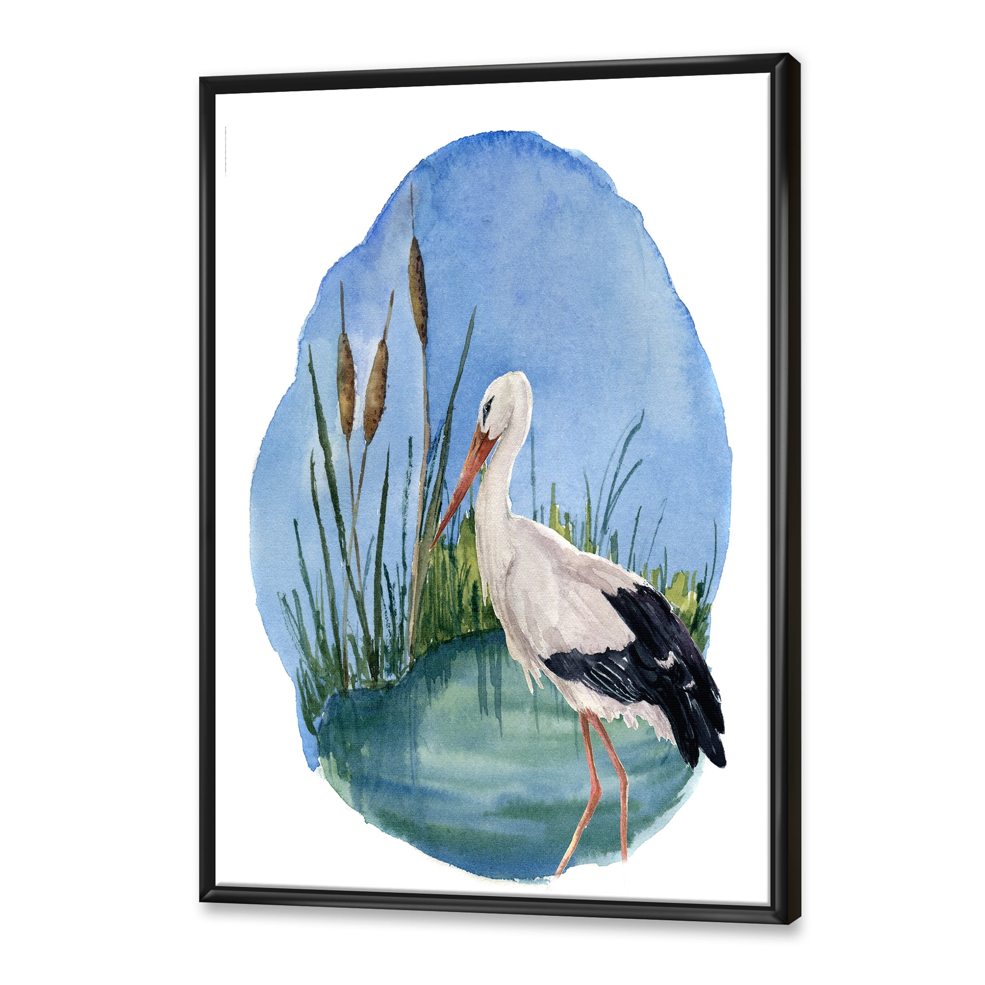 Designart 'White Stork On The Swamp Blue' Traditional Framed Canvas Wall Art Print
