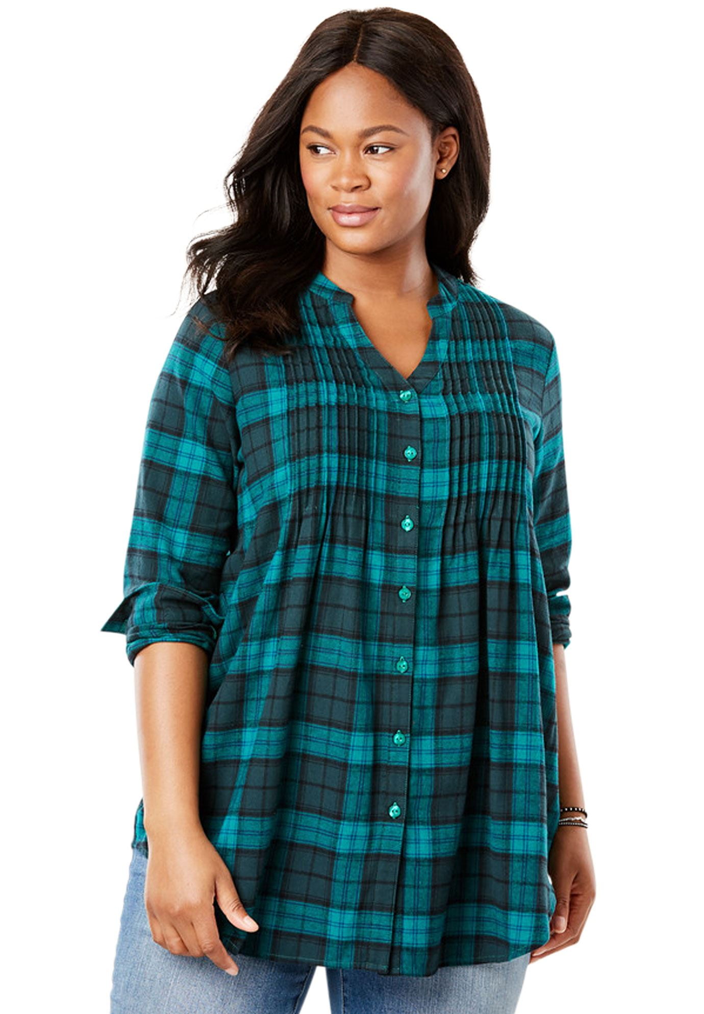 Woman Within - Plus Size Pintucked Flannel Shirt - Walmart.com