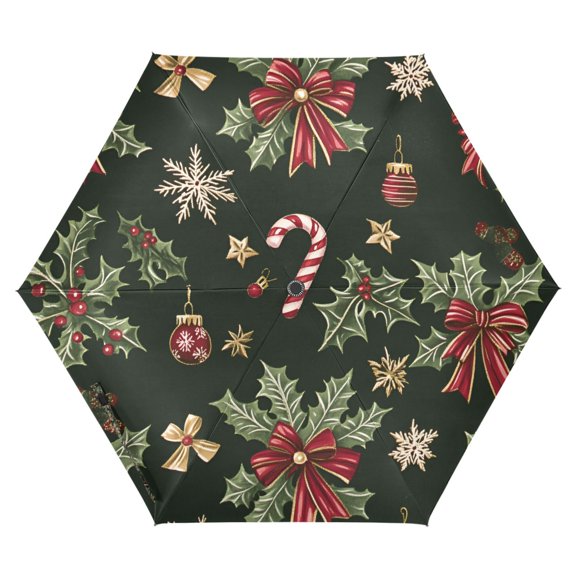 FORMRS Travel Umbrella Folding Auto Open Close Windproof Rain UV Protection, Green Christmas Holly