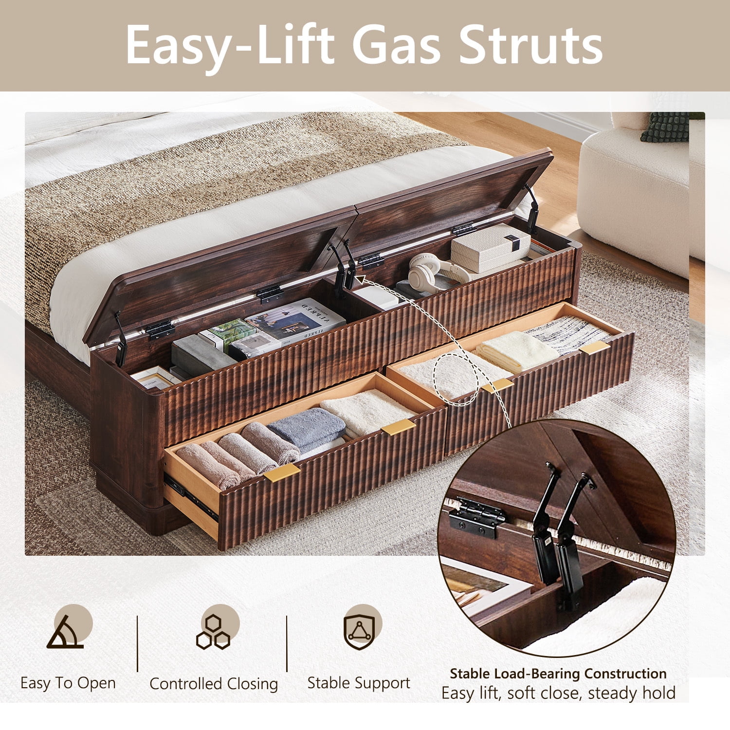 KeyWhat Modern Fluted Queen Size Bed Frame with Headboard & Storage Footboard, Built-in Drawers & Lift-Up Gas Struts, Solid Wood Slats, No Box Spring Needed, Dark Walnut