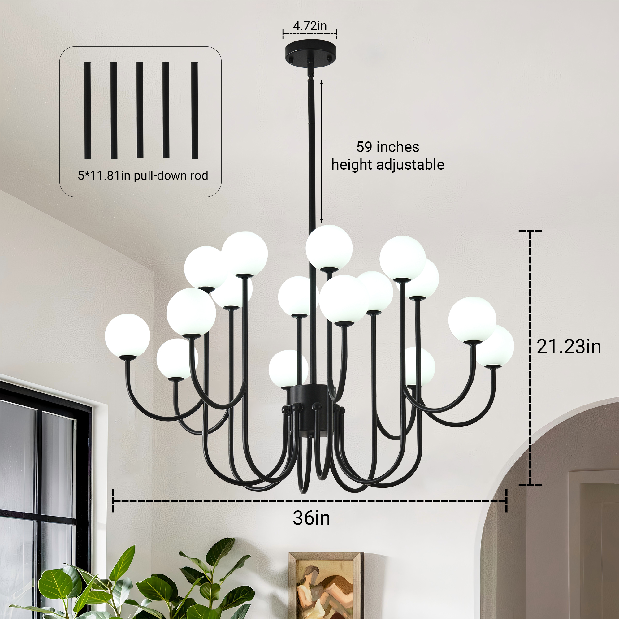 Black Sputnik Chandelier, 16 Lights Modern Chandelier for Dining Room Mid Century Chandelier Large 36” Ceiling Pendant Light Fixtures with Milk Glass Globe Shades for Foyer Living Room Kitchen Island