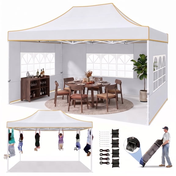 HOTEEL 10'x15' Heavy Duty Canopy with 4 Removable Sidewalls, Outdoor Commercial Canopy Tents for Parties Wedding, Instant Sun Protection Shelter with Rolled Bag,White