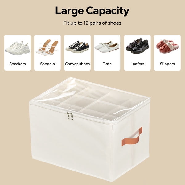 Riousery 2 Pack Foldable Shoe Organizer for Closet, Shoe Storage Bins with Clear Zipper Cover and Handles, Holds up to 24 Pairs, Beige
