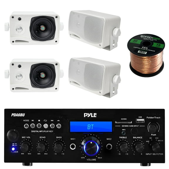 Pyle PDA6BU USB/SD-Card 200-Watt Bluetooth Stereo Amplifier Receiver, 4x Pyle 3.5'' 200 Watt 3-Way Weather Proof Mini Box Speaker System (White), Enrock Audio 16-Gauge 50 Foot Speaker Wire