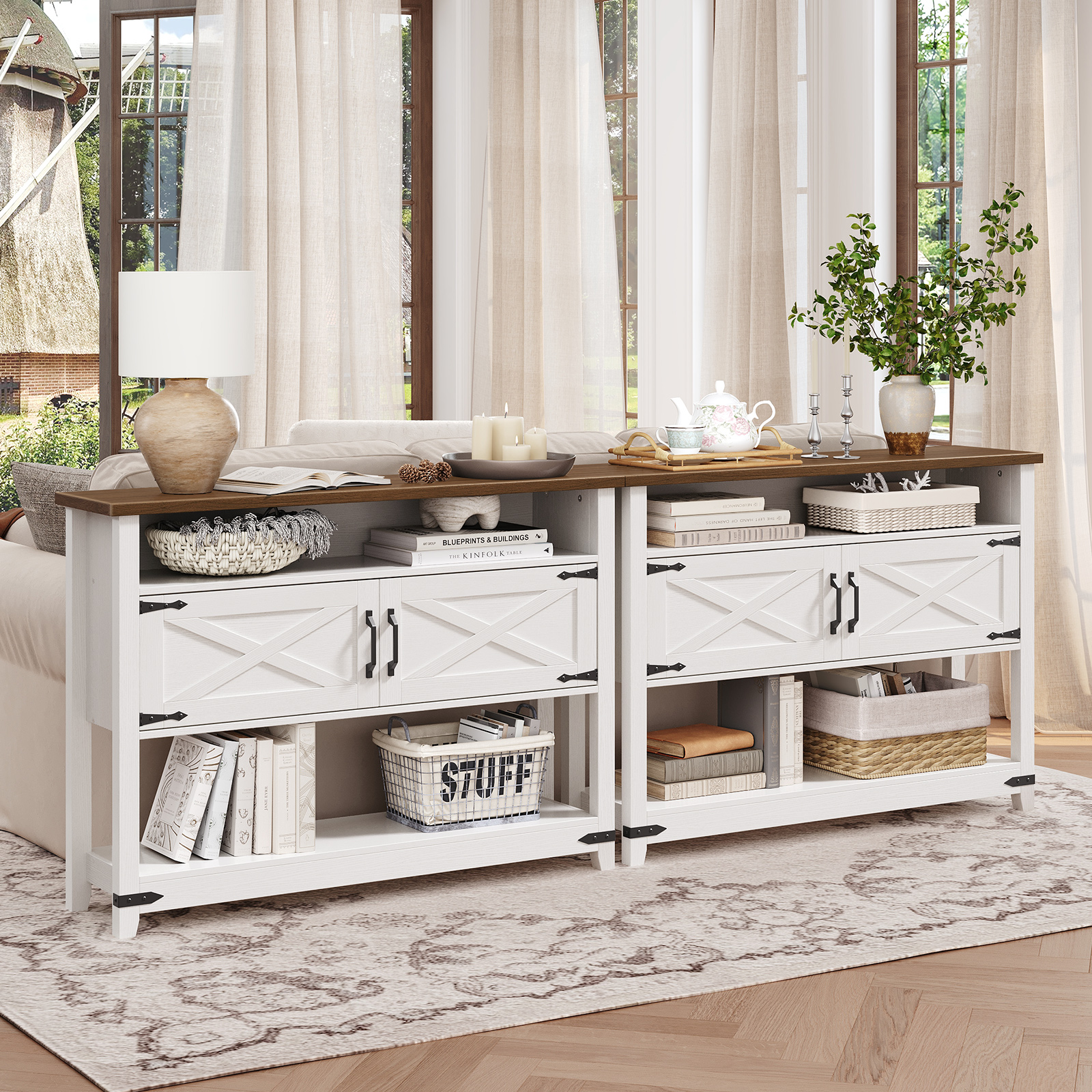 Farmhouse Entryway Table with Storage, 47.2" Long Console Table for Entryway, White Sofa Table with Doors and Cabinets, Narrow Sofa Table Behind Couch, for Hallway, Foyer, White and Walnut WH12XG01
