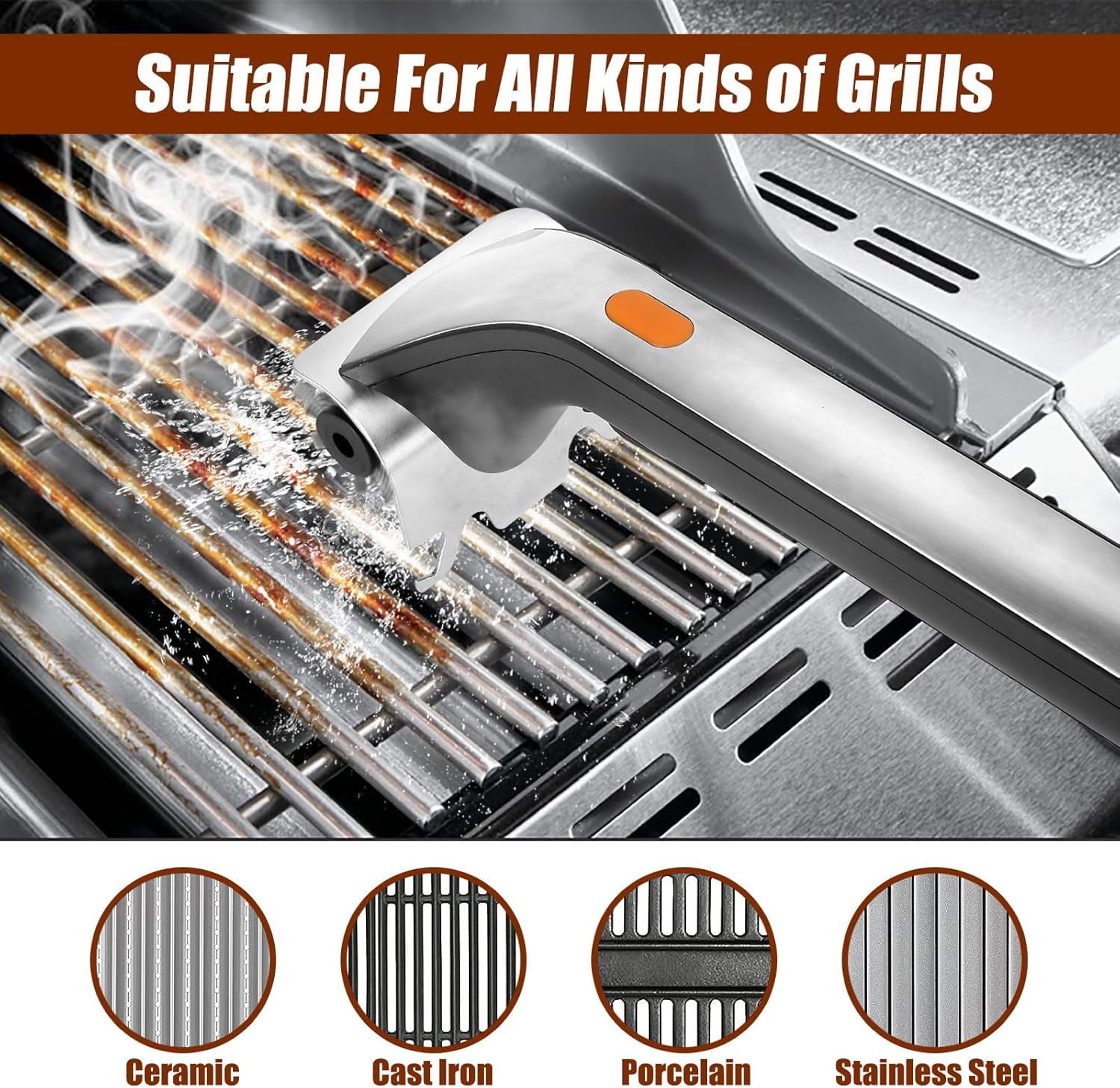 Electric Steam Grill Brush with Motorized Steel Bristles Stainless Steel Handle for BBQ Cleaning