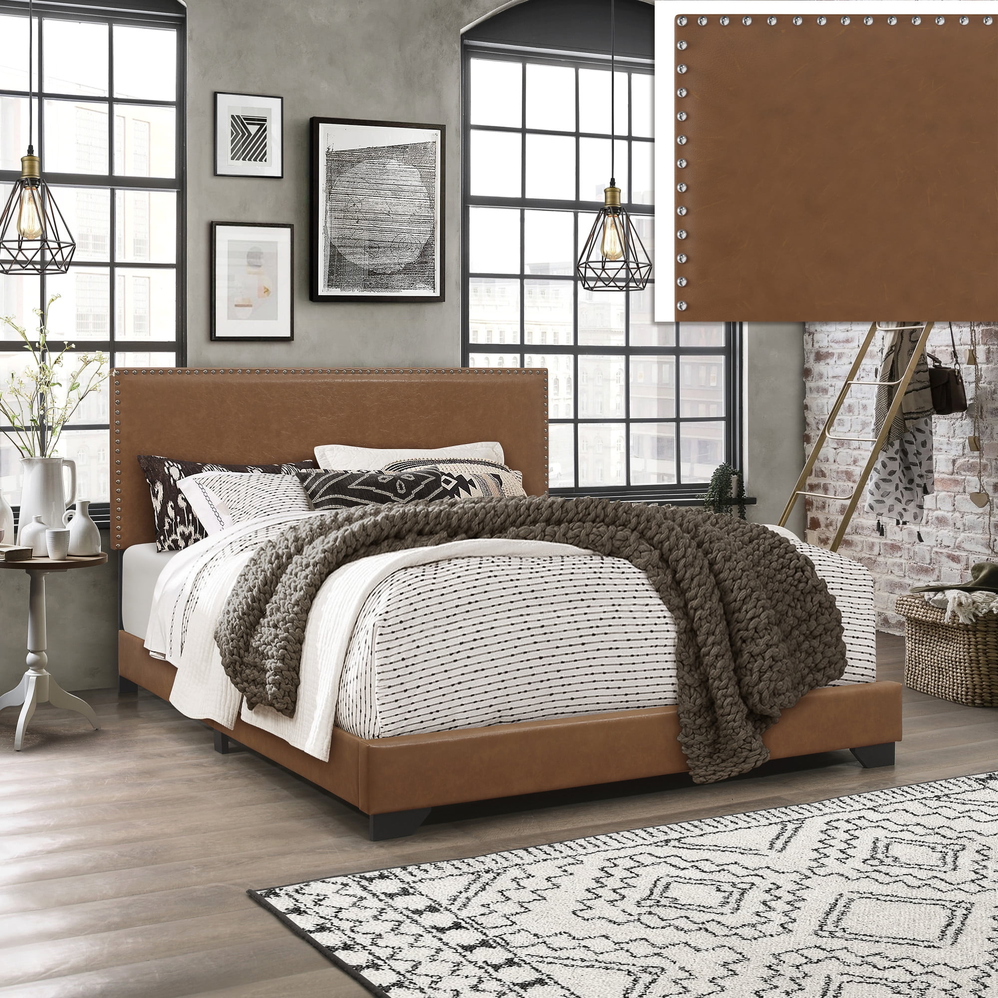 Willow Nailhead Trim Upholstered Queen Bed, Saddle Brown Faux Leather